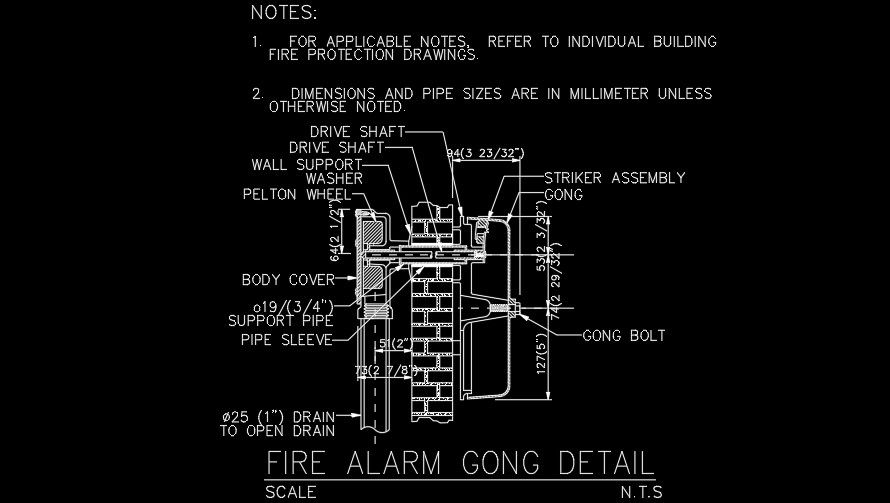 Fire alarm gong detail drawing is given in this AutoCAD file