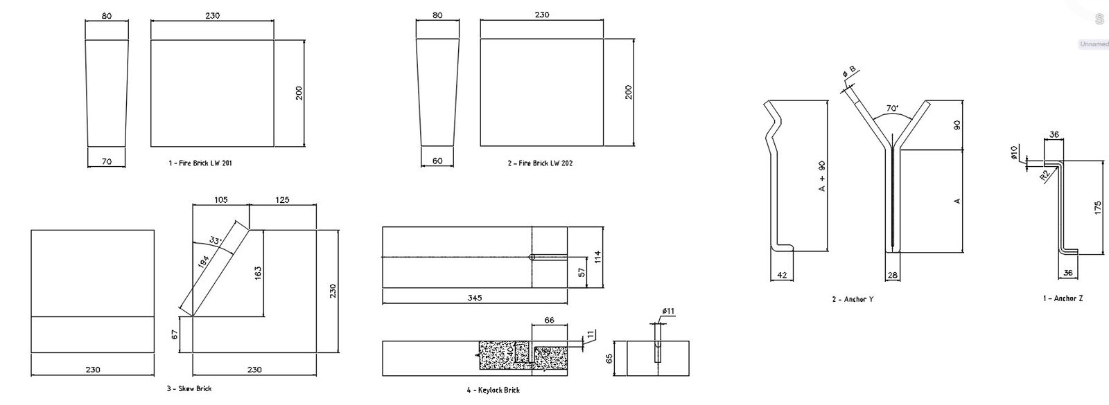 Fire brick and anchor bar design in AutoCAD 2D drawing, CAD file, dwg file