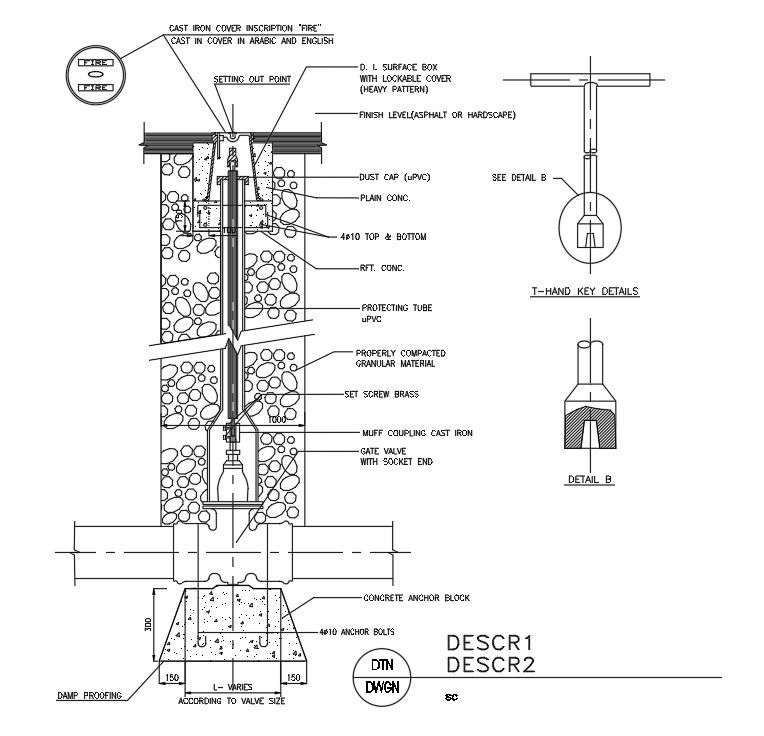Fire detail of T hand key detail drawing is given in this AutoCAD drawing model. Download now.
