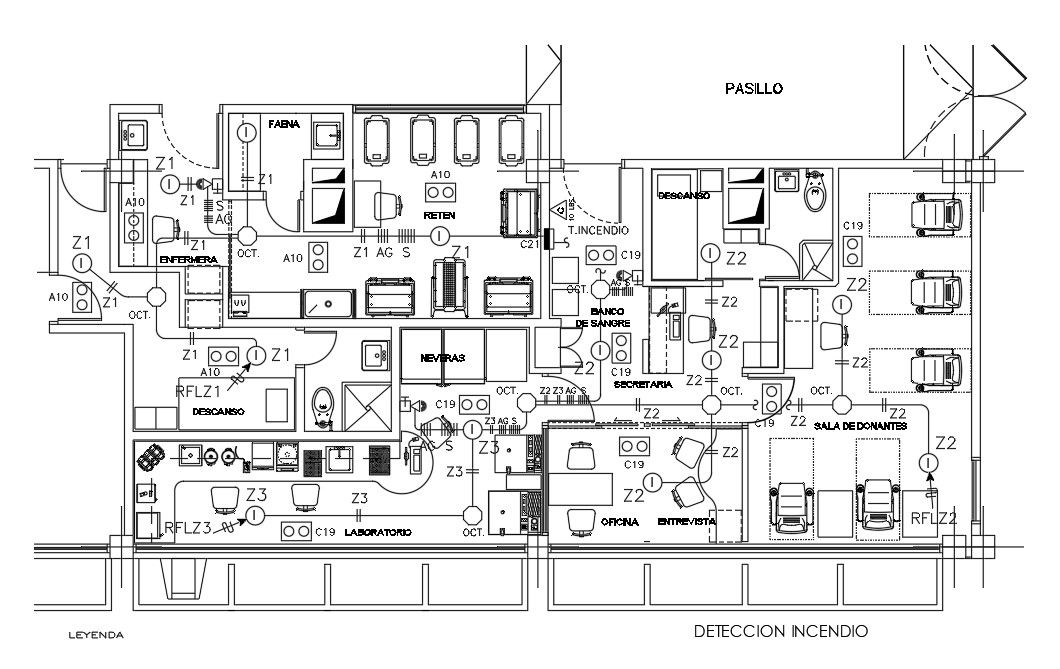 Fire detection of 15x7m hospital blood bank plan is given in this Autocad drawing file.Download now.