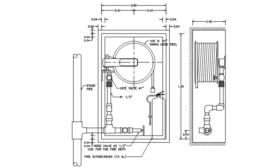 Fire extinguisher and water pipe connection sectional details are given in this AutoCAD 2D DWG drawing file. Download the AutoCAD DWG file.