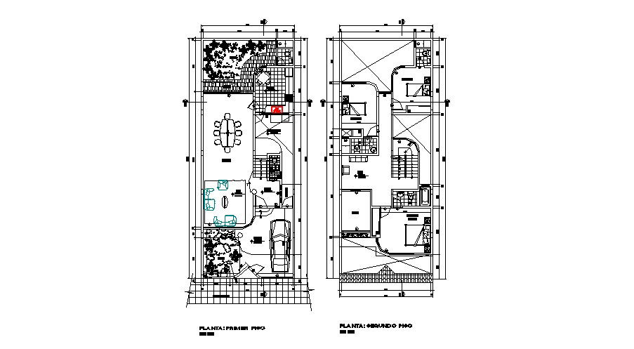 First and second floor layout plan details of two-level house dwg file