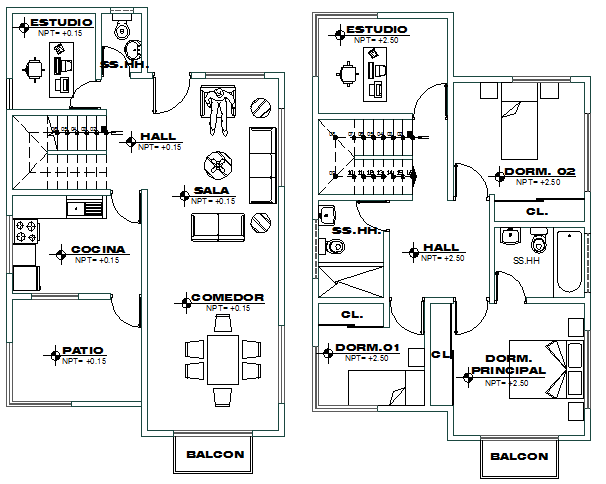 First and second floor layout plan of modern house dwg file