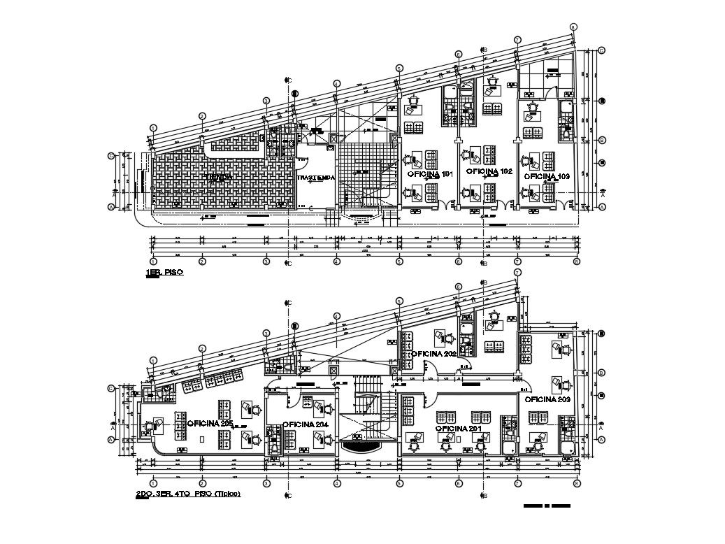 First and second floor plan details of corporate office building dwg file