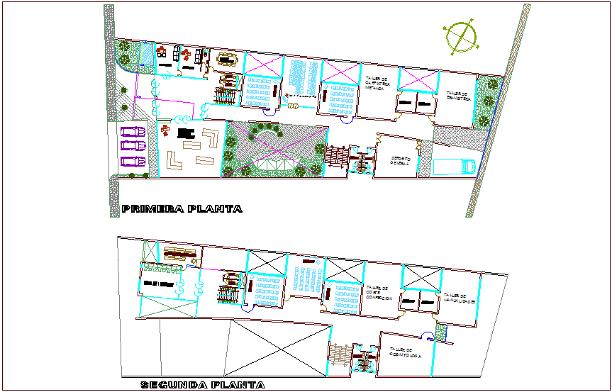 First and second floor plan for occupational training center dwg file