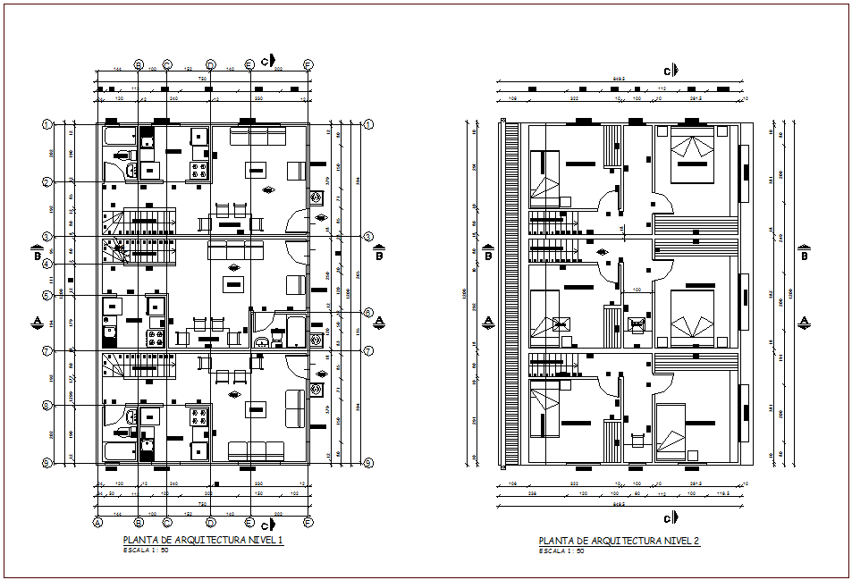 First and second floor plan of apartment with architectural view dwg file