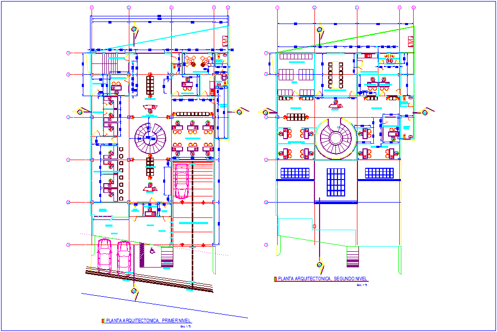 First and second floor plan of bank design with architectural view dwg file