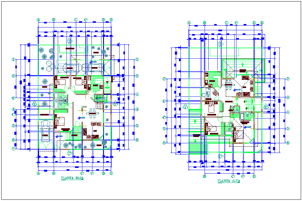 First and second floor plan of duplex with architecture view dwg file