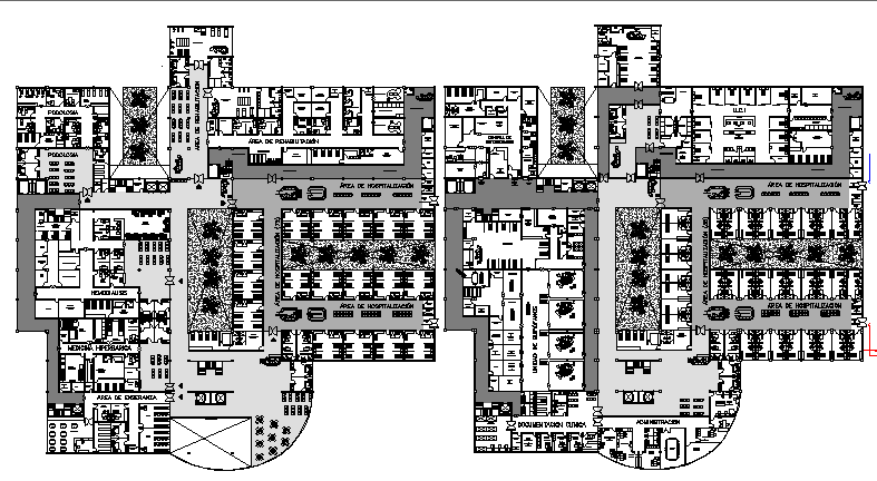 First and second floor plan of multi-flooring hospital dwg file