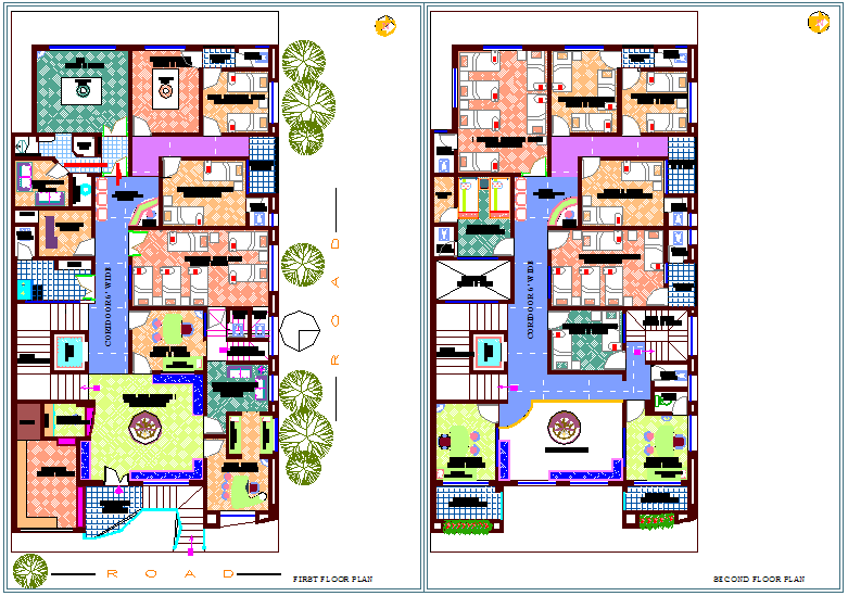 First and second floor plan view of hospital dwg file