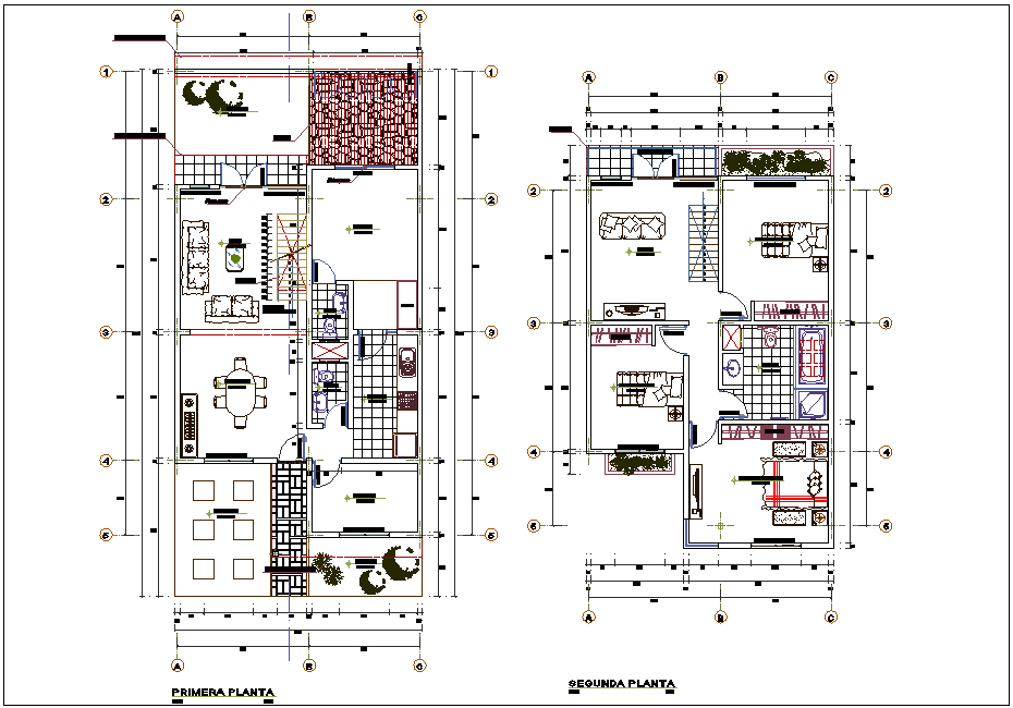 First and second floor plan view with architectural view of residence area dwg file