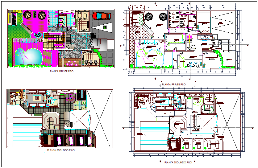 First and second floor plan view with color scheme plan for spa design dwg file