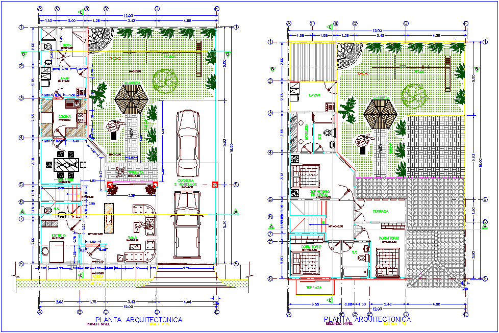 First and second floor plan with architectural view for two floor housing dwg file