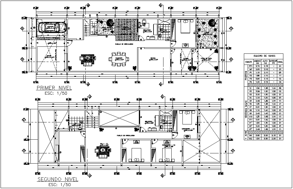 First and second floor plan with door and window detail for four level house dwg file