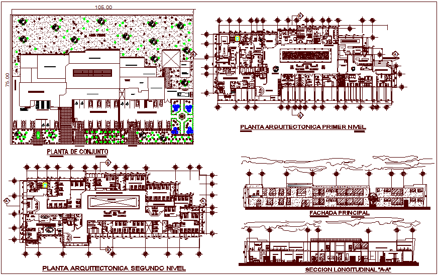 First and second floor plan with section view of hospital dwg file