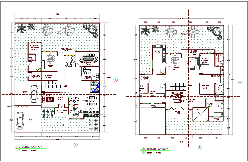 First and second floor plan with view of office dwg file
