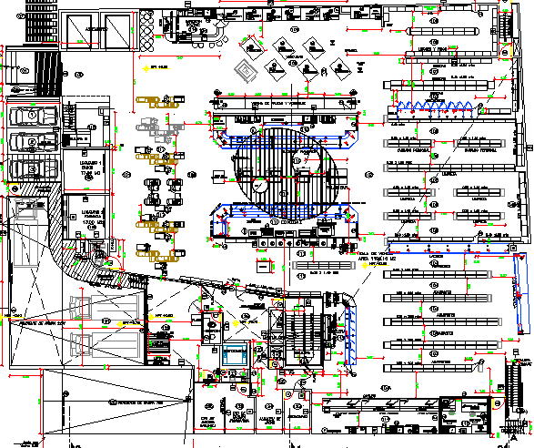 First floor layout plan details of multi-level shopping center dwg file