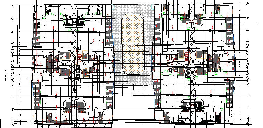 First floor of residential apartment building dwg file