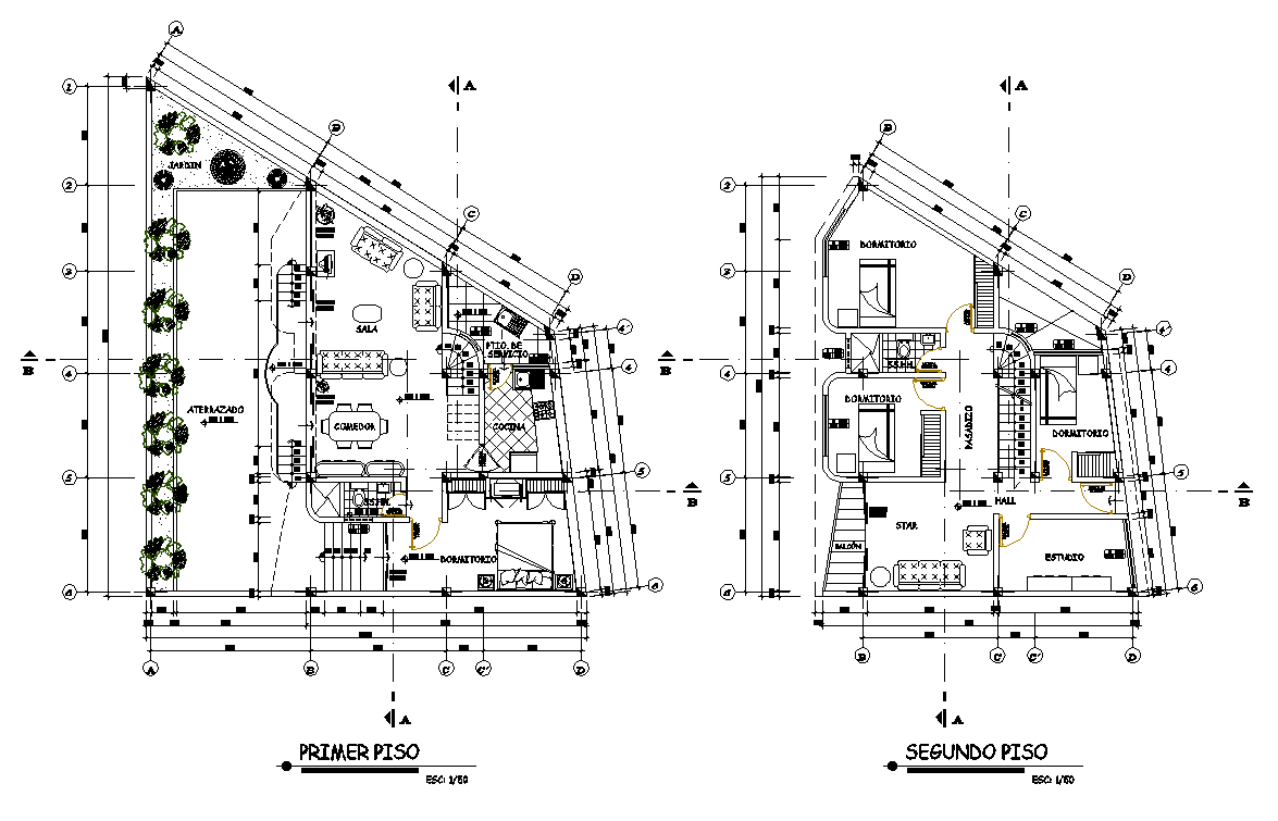 First floor plan and second floor working plan detail dwg file