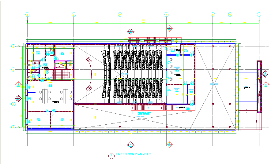 First floor plan design view of auditorium design dwg file