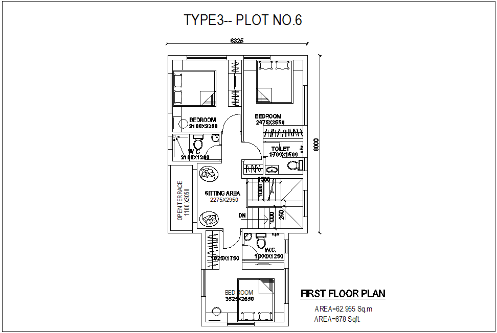 First floor plan type 3 plot no.6 architecture view of bungalows dwg file