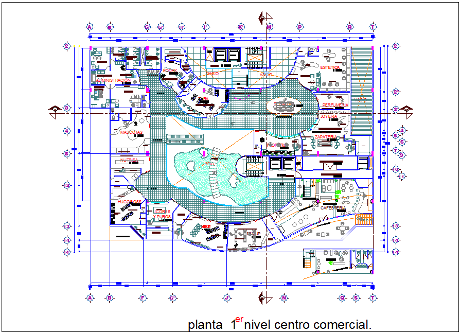 First floor shopping center plan with architectural view dwg file