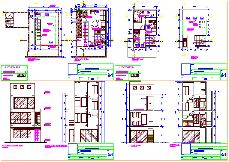 First floor to third floor view with elevation and section view of home design dwg file