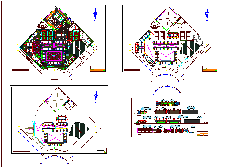 First to third floor plan view of collage with elevation view dwg file