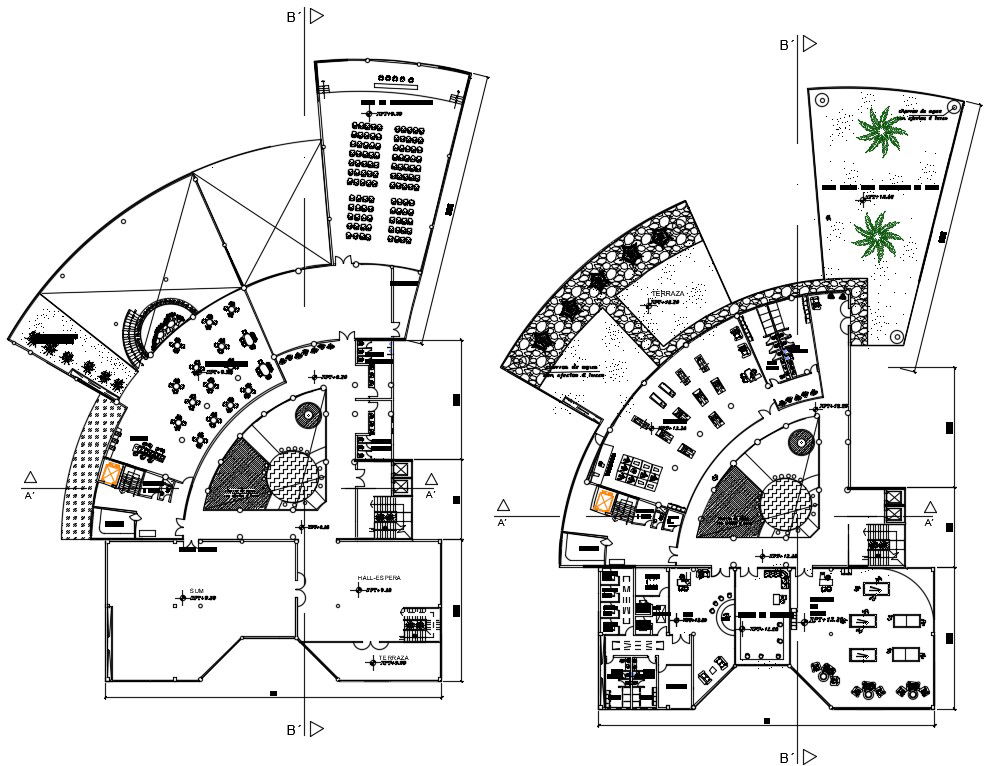 First and second floor plan of 87x70m hotel plan is given in this Autocad drawing file. Download now.