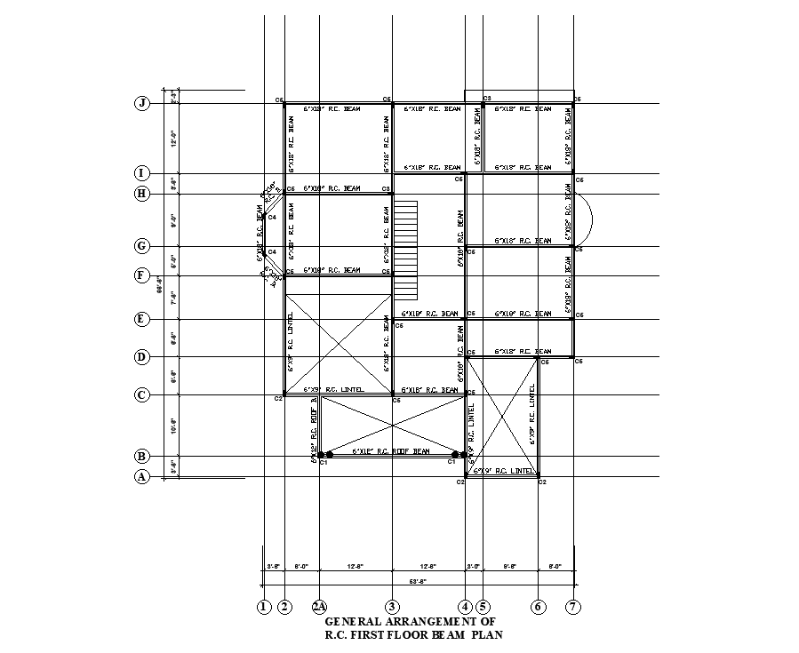 First floor beam arrangement of 54’x54’ house plan is given in this Autocad drawing file.Download now.
