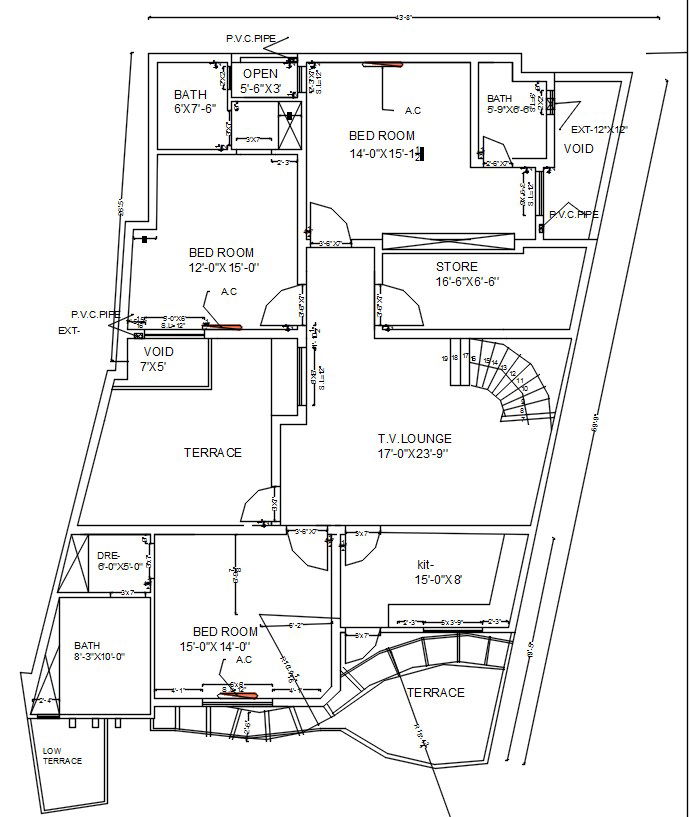 First floor AutoCAD 2D layout with door window and pipe info