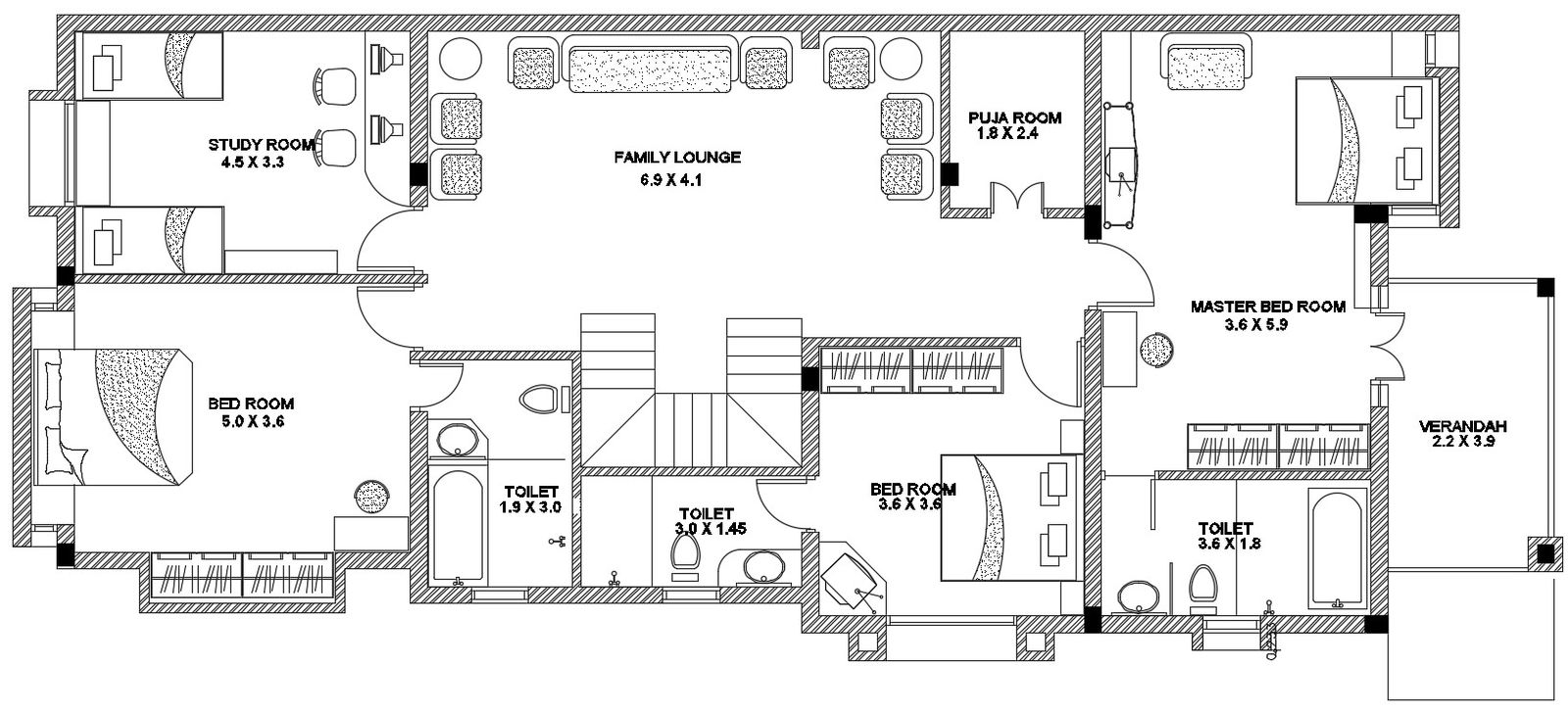 First floor plan of 19x10m house is given in this Autocad 2D DWG drawing file.Download now.