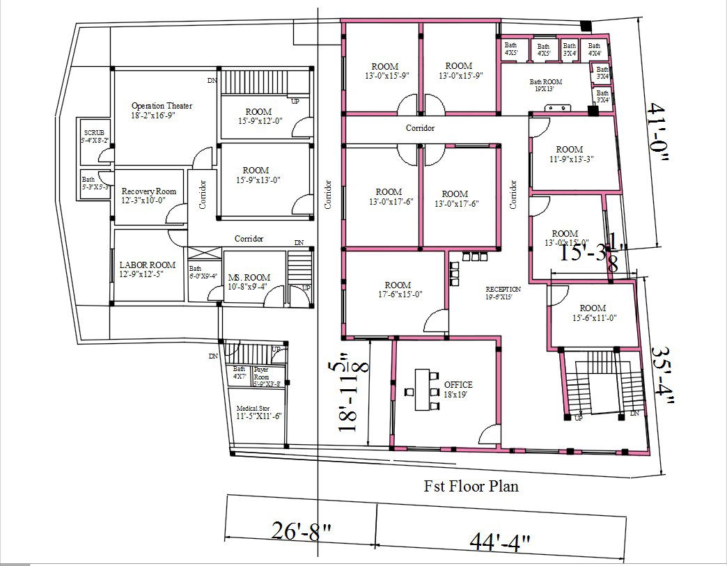 First floor plan of hospital design in AutoCAD 2D drawing, CAD file, dwg file