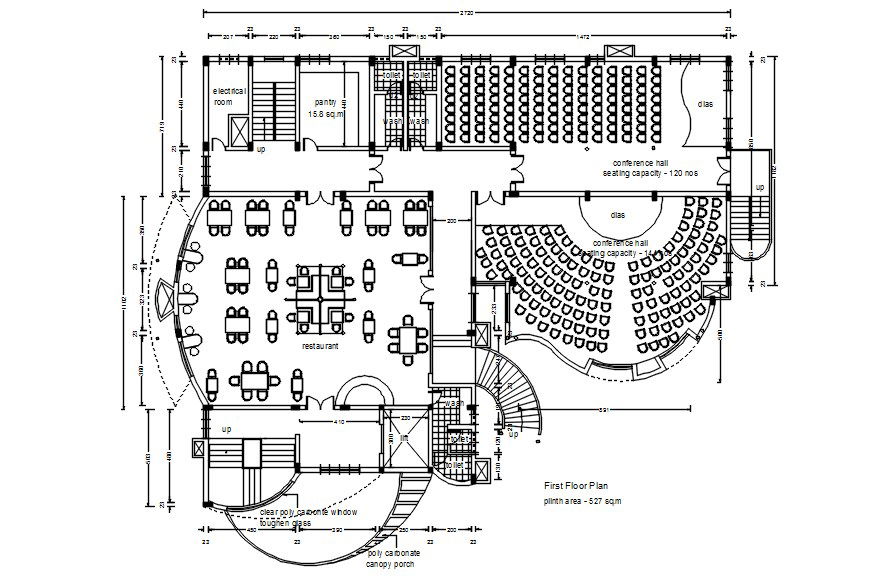 First floor plan of restaurant in AutoCAD 2D drawing, dwg file, CAD file