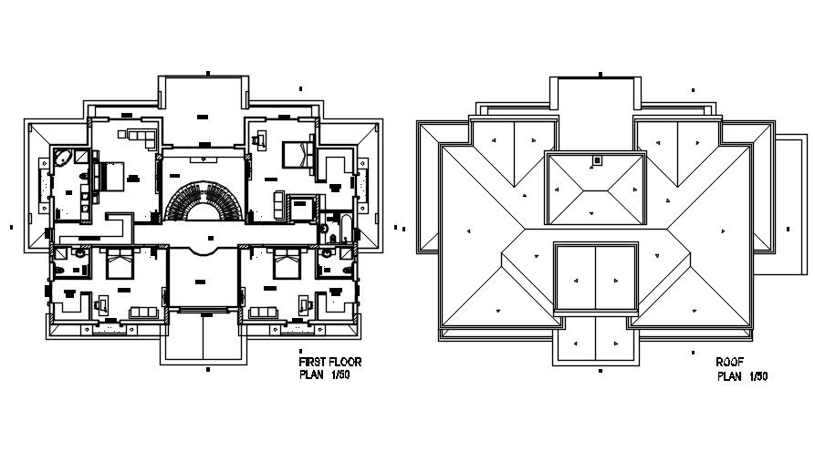 First floor plan of the luxury villa is presented in this Autocad drawing file. Download the Autocad file.