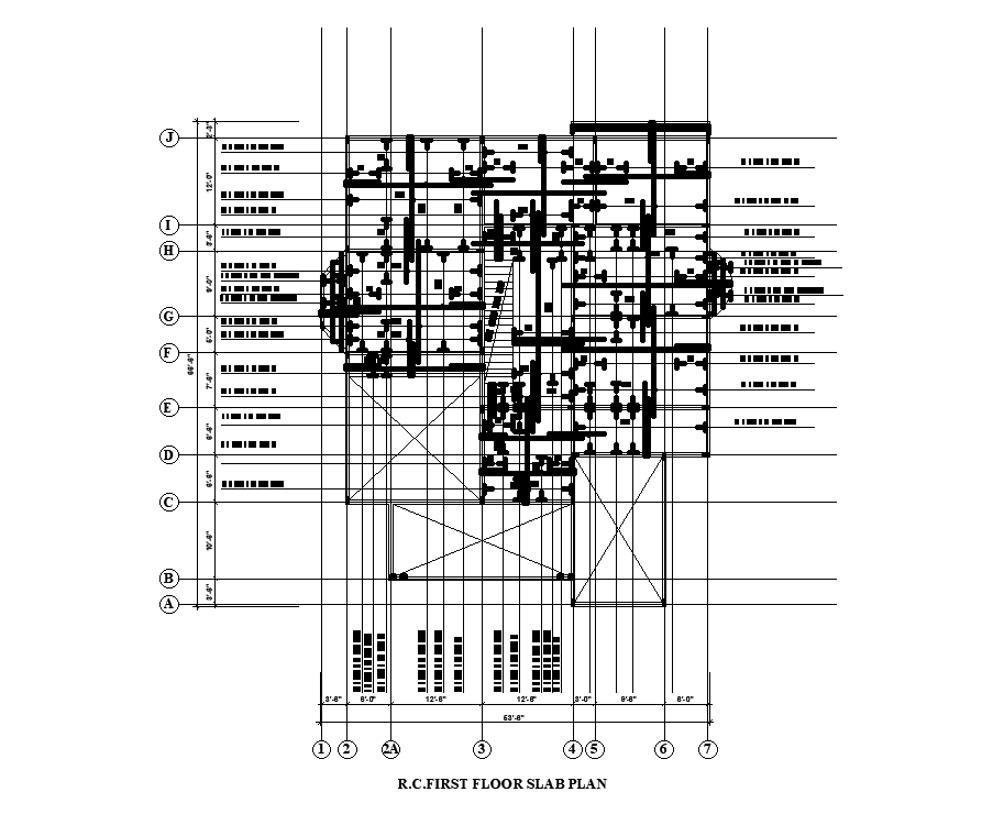 First floor slab layout of 54’x54’ house plan is given in this Autocad drawing file. Download now.