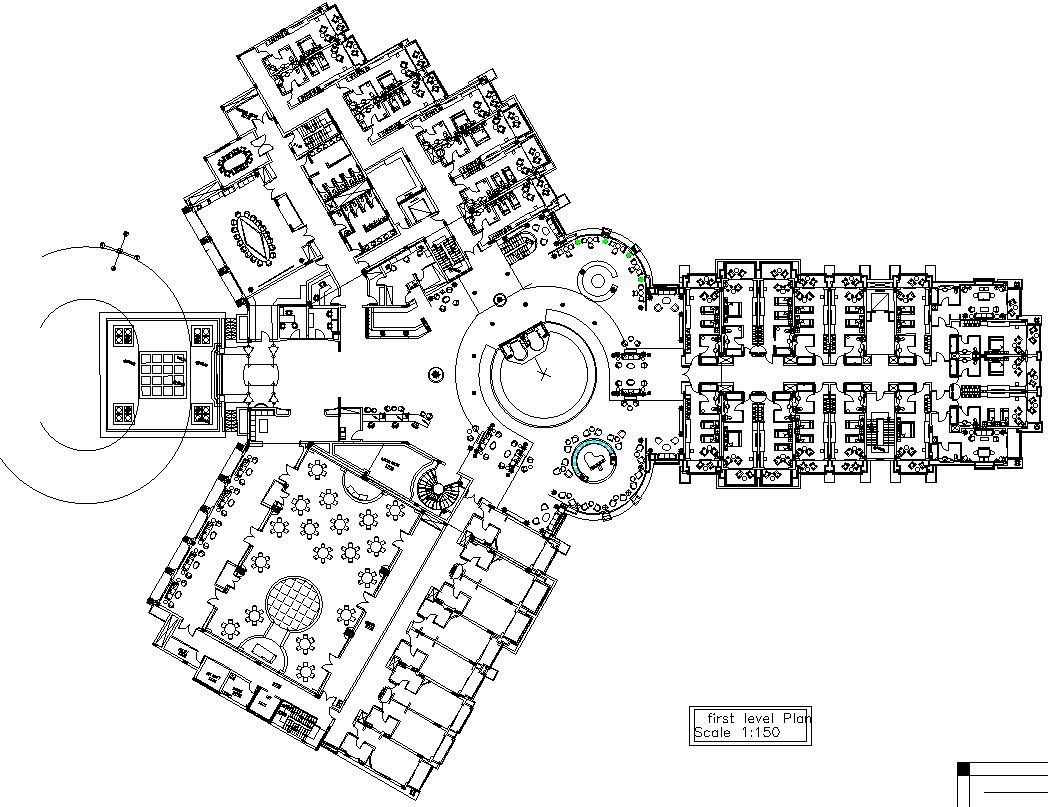 First level plan of a hotel with furniture layout in AutoCAD, dwg file.