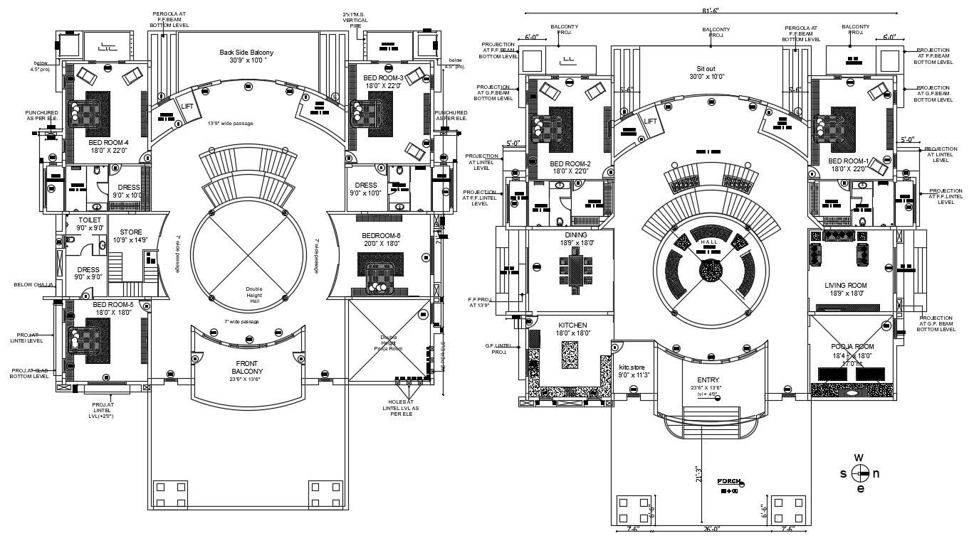 First & second floor plan of 81’x216’ luxury villa plan is given in this Autocad drawing file. Download now.