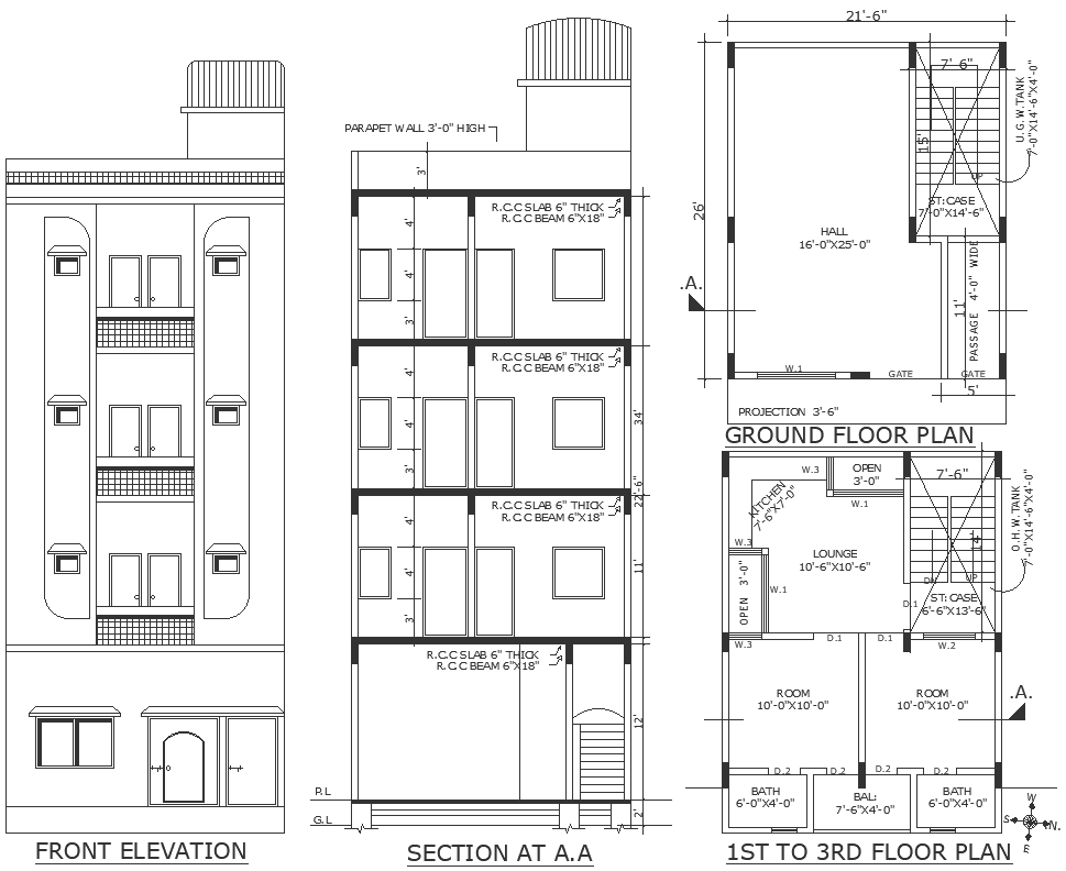 First to third floor plan design with detailed dwg autocad drawing .