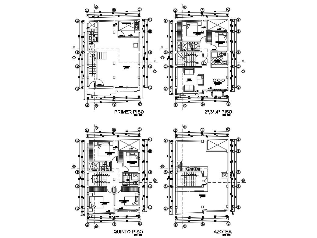 Five flooring apartment building floor plan details dwg file