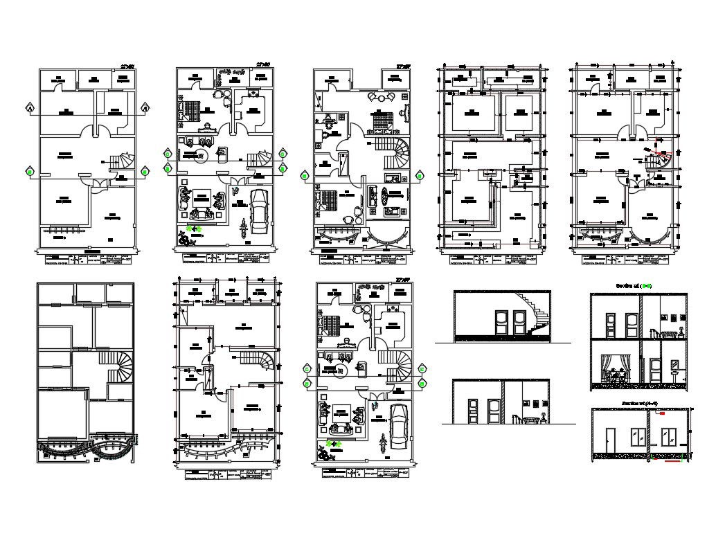 Five flooring house section and floor plan details dwg file