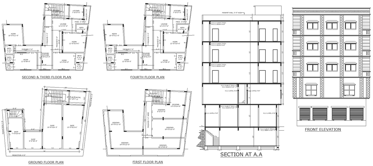 Five storey apartment layout with basement detail plan section and elevation detail DWG AutoCAD drawing