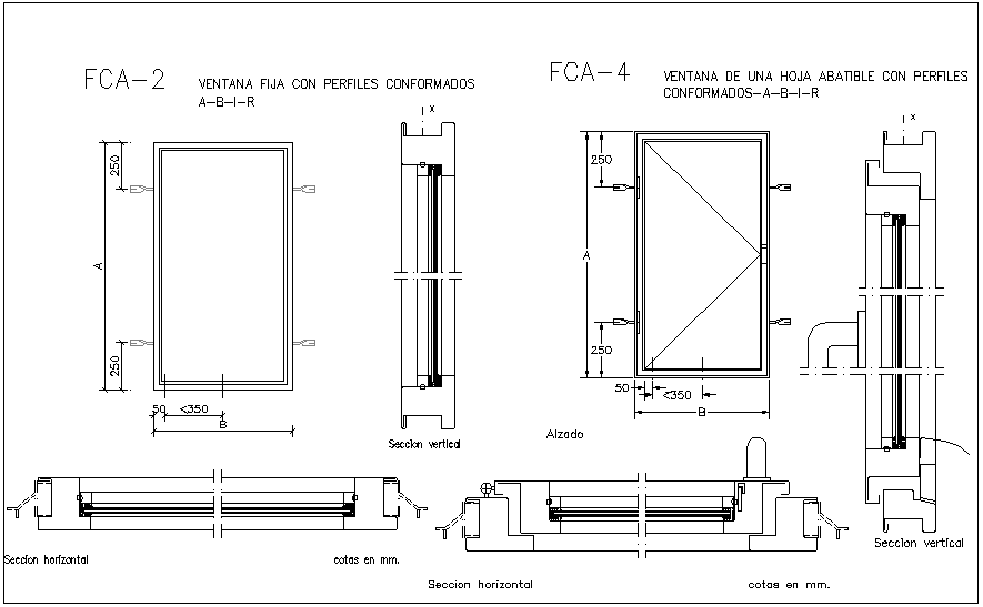 Fixed window view with sectional view with window frame view dwg file