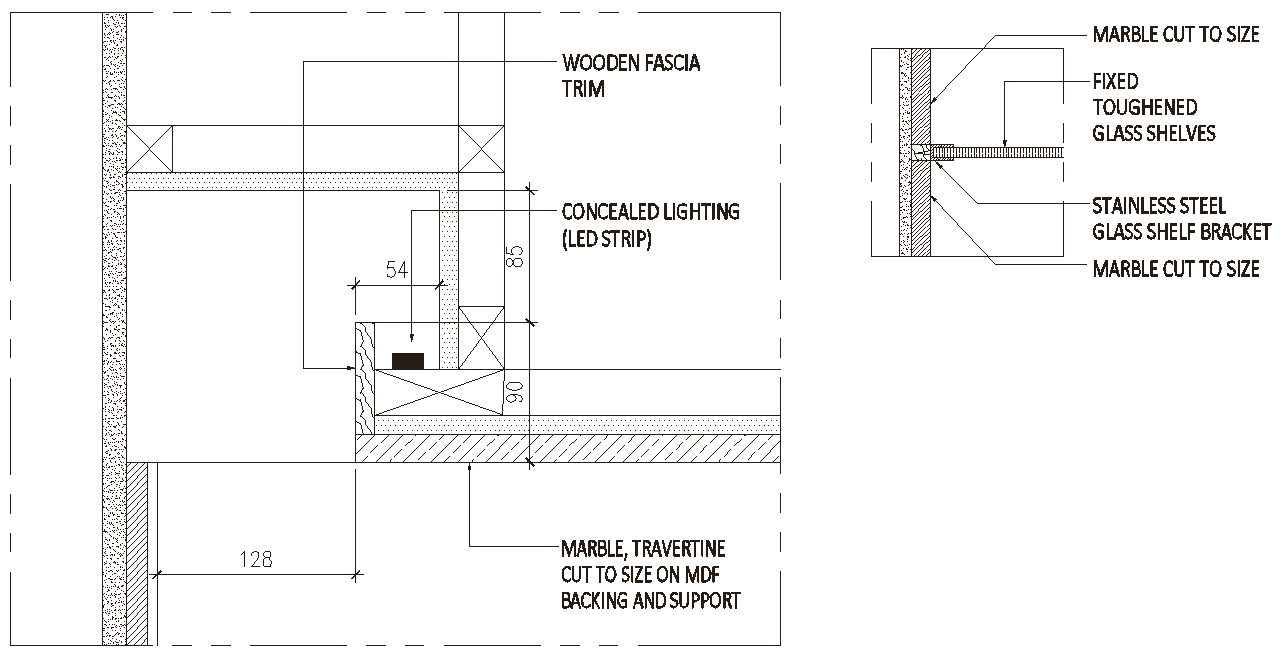Fixed toughened glass shelves installation section detail of bathroom DWG AutoCAD drawing