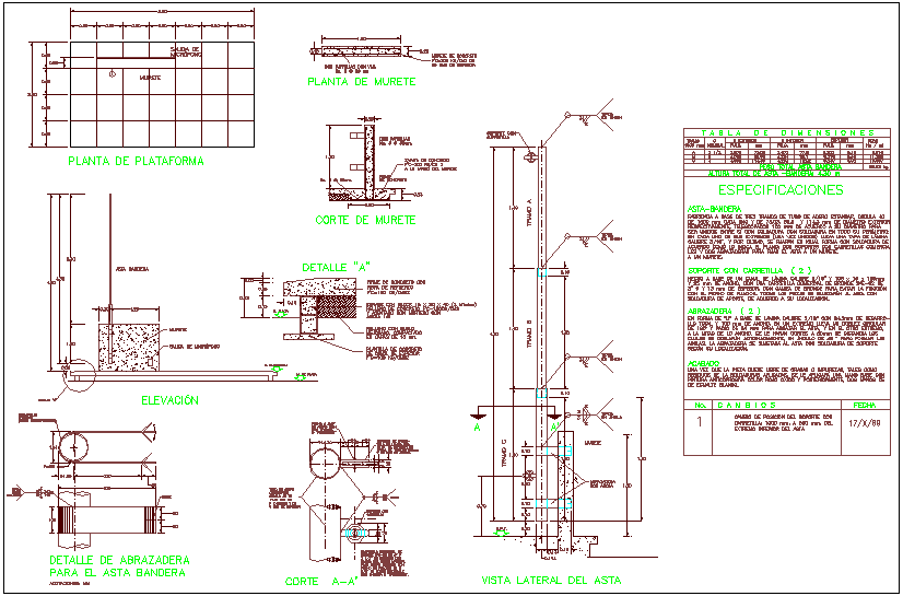 Flag pole design view with construction view dwg file
