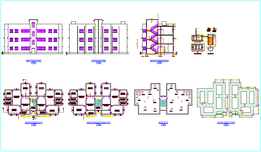 Flat plan and elevation view with tank section view dwg file