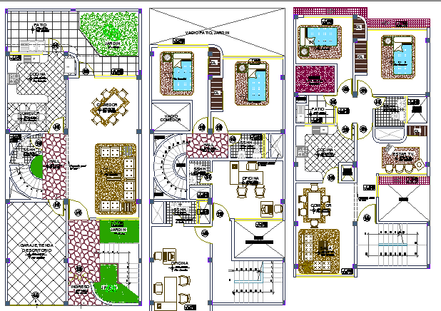 Floor Plan and Structure Details of Three Flooring Housing dwg file