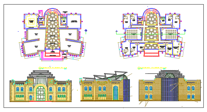 Floor Plan and exterior elevation of a school dwg file
