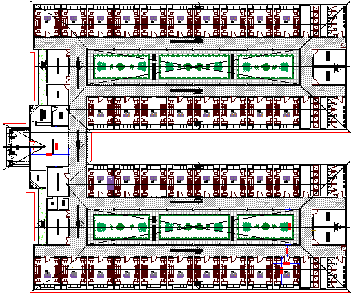 Floor Plan of Hostel With 36 Rooms Design dwg file