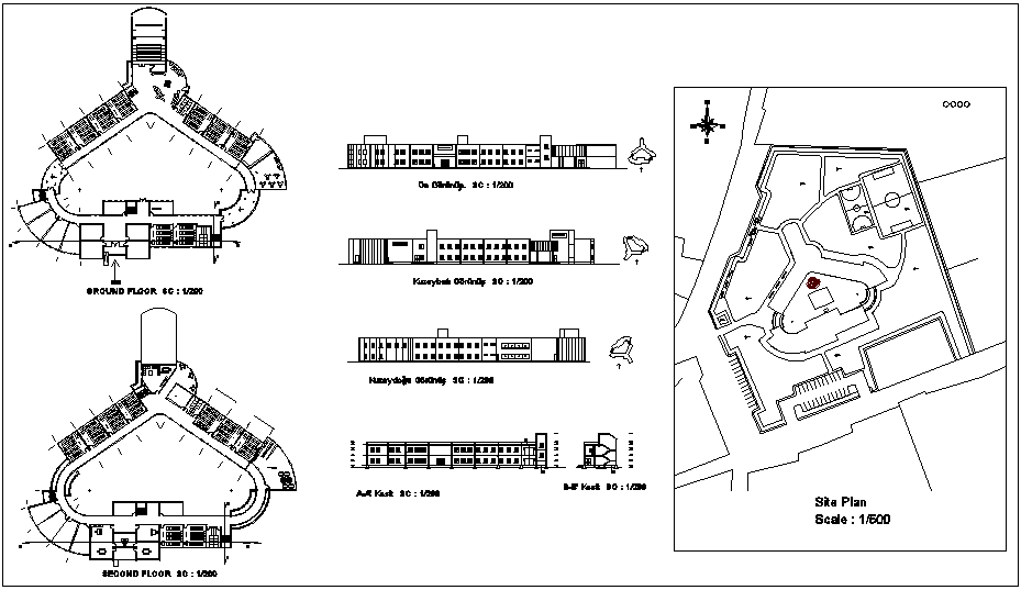 Floor and site plan view with elevation view of fine art school dwg file
